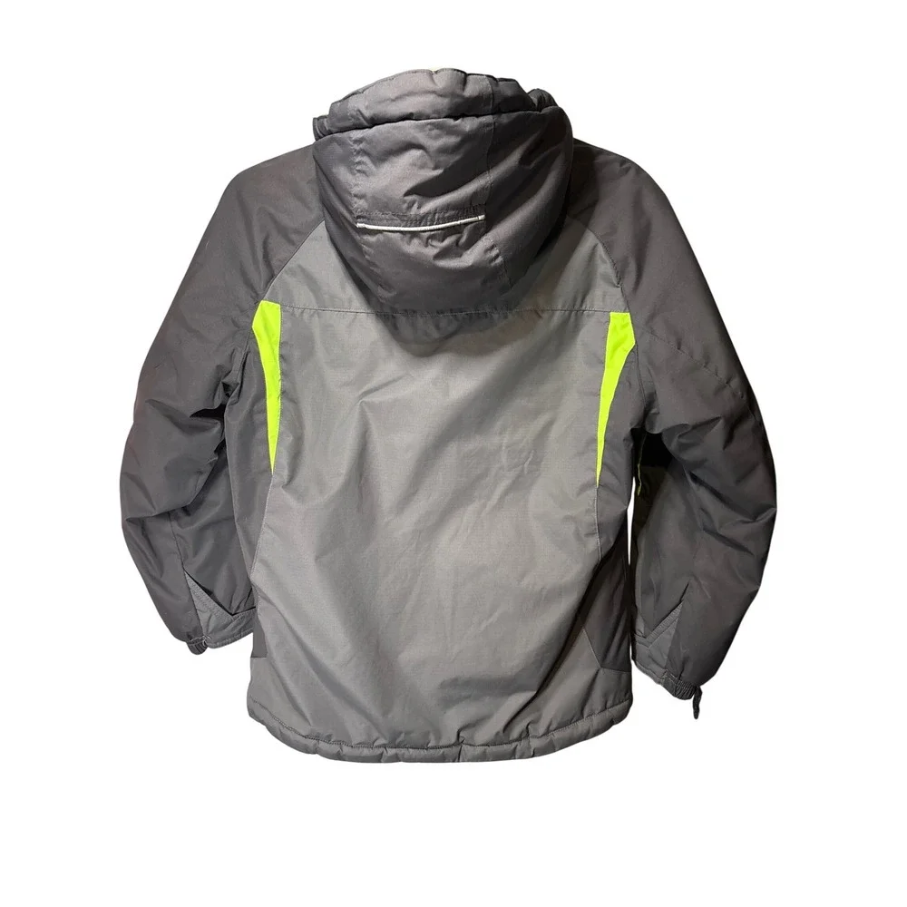 ZeroXposur Boys Gray Neon Green Hooded  Ski Jacket Size 7/8 Weather Resistant